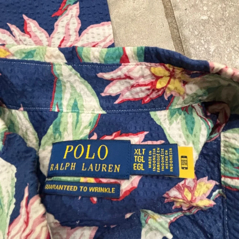 Polo Ralph Lauren Mens XLT Seersucker Floral Button Down Shirt NavyBlue Tropical